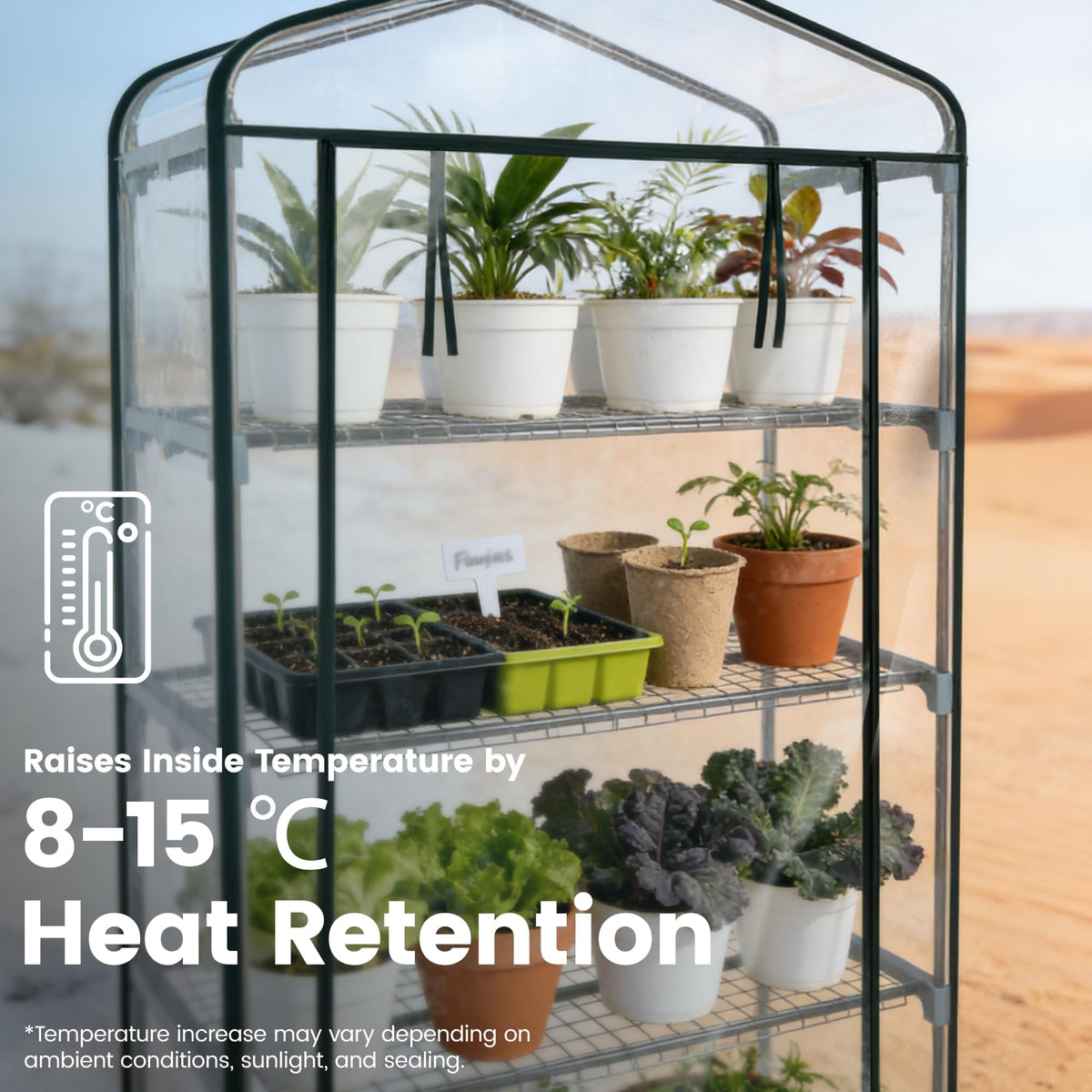Worth Garden 5 tier greenhouse side view shows sturdy frame and ample storage potential.