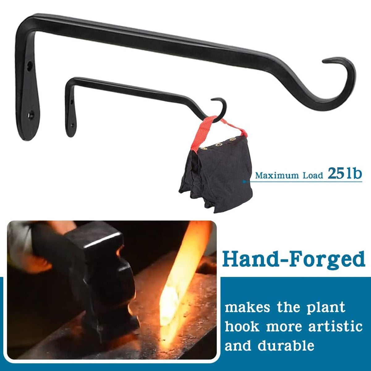 Worth Garden black powder-coated hanging bracket closeup emphasizes rust-resistant finish and craftsmanship.
