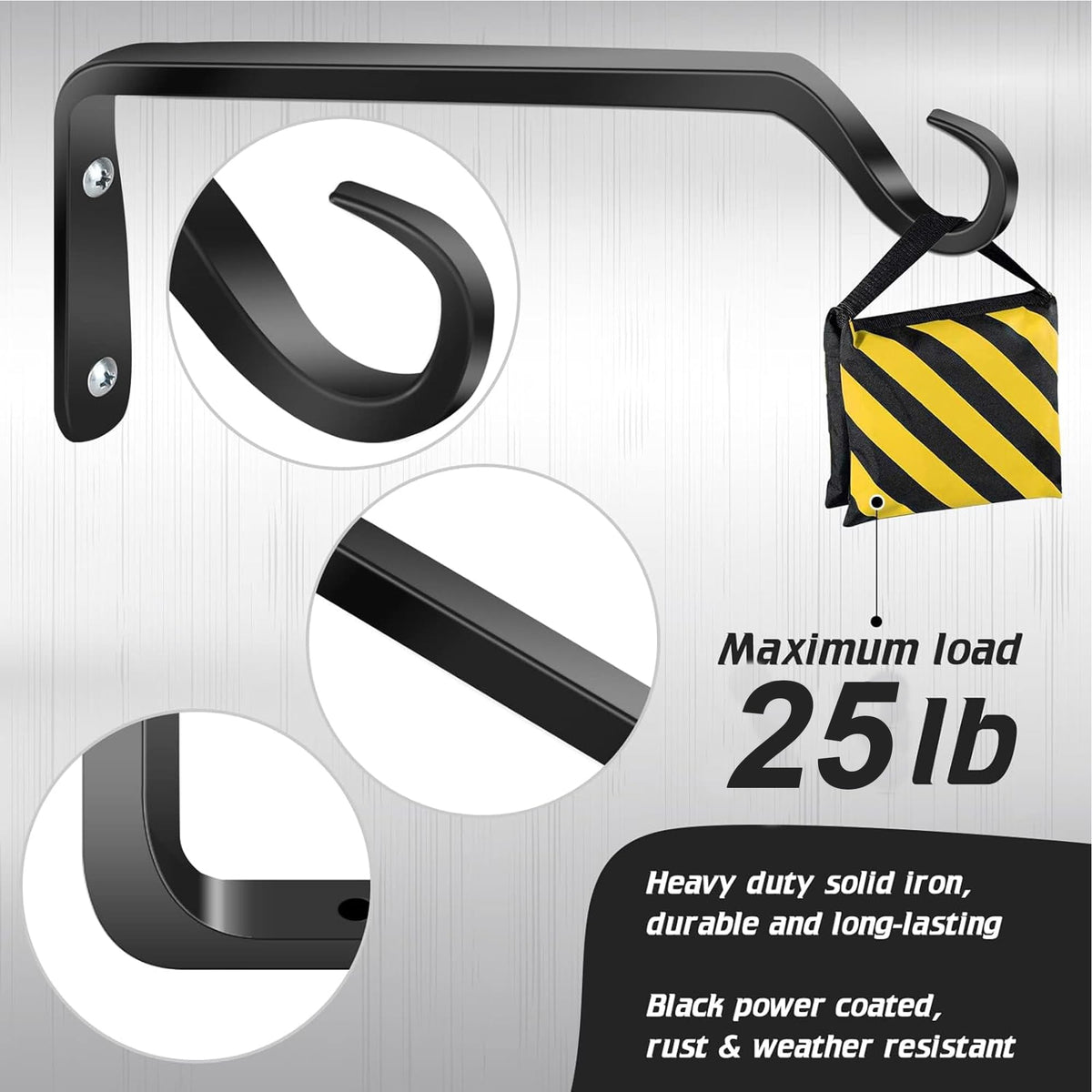 Worth Garden bracket powder-coated black resists rust and weather for year-round use.