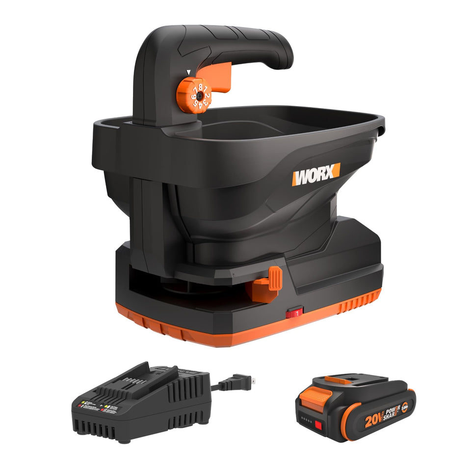 WORX 20V cordless seed spreader showing 5 ft reach for efficient lawn coverage