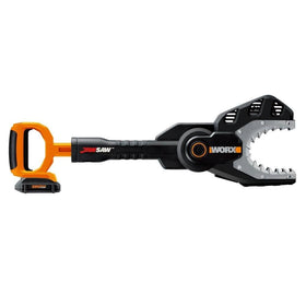 WORX Jawsaw guard bar retracted for safe ground storage and cutting.