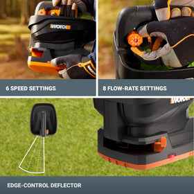 WORX anti-clog agitator prevents jams for even seed coverage.