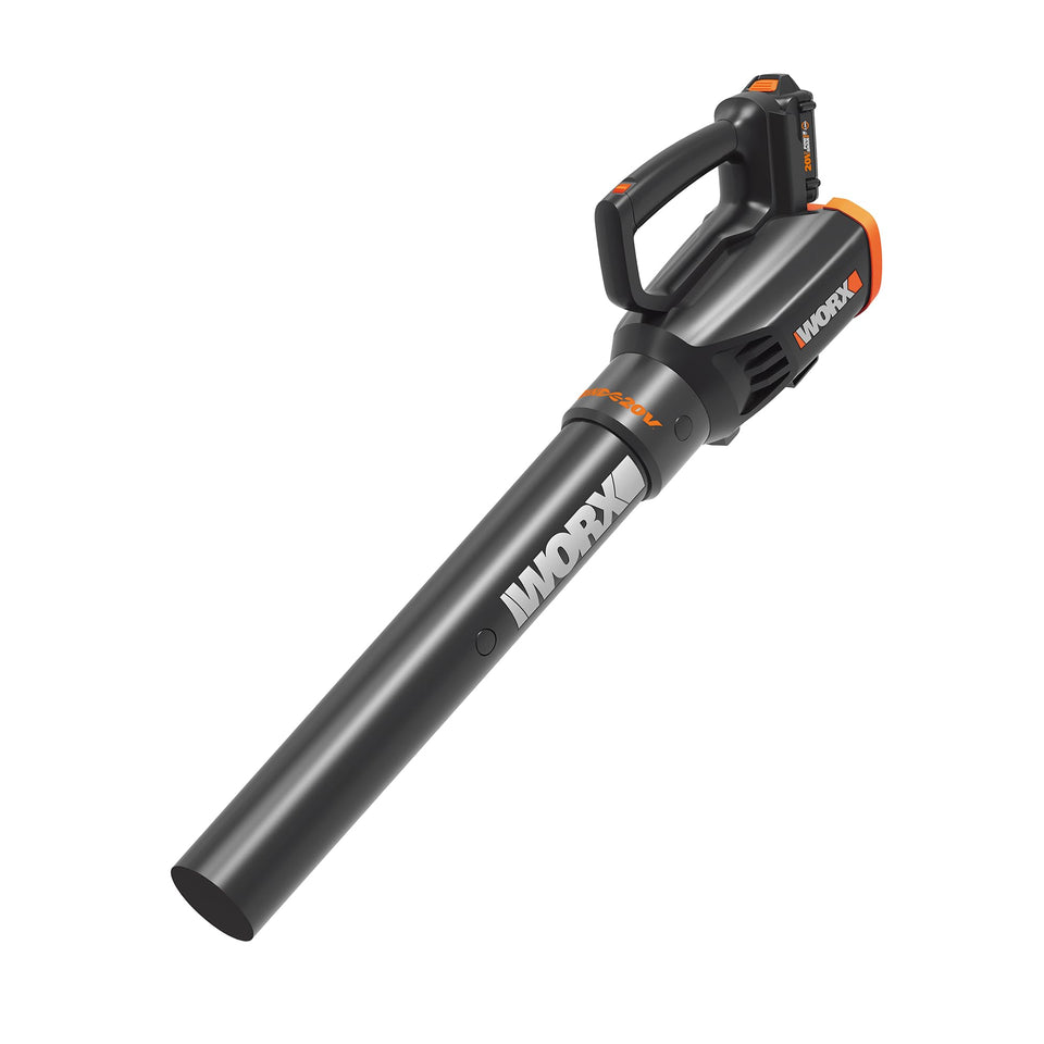 WORX cordless leaf blower with turbine fan delivering powerful airflow for yard cleanup.