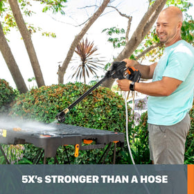 WORX HydroShot 5-in-1 nozzle showing versatile spray options