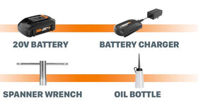 WORX Jawsaw auto-oiler with indicator extends chain life.