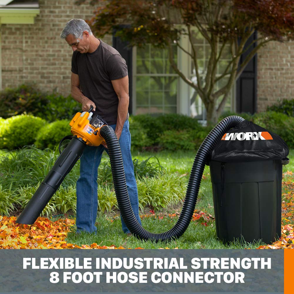 WORX Leafpro 8-foot hose extended for greater reach while collecting leaves
