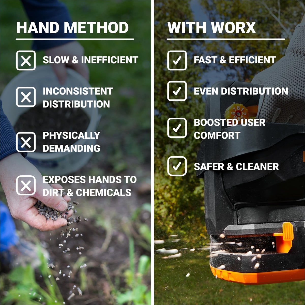 WORX seed spreader weighs 3 lb for light, one-handed operation.