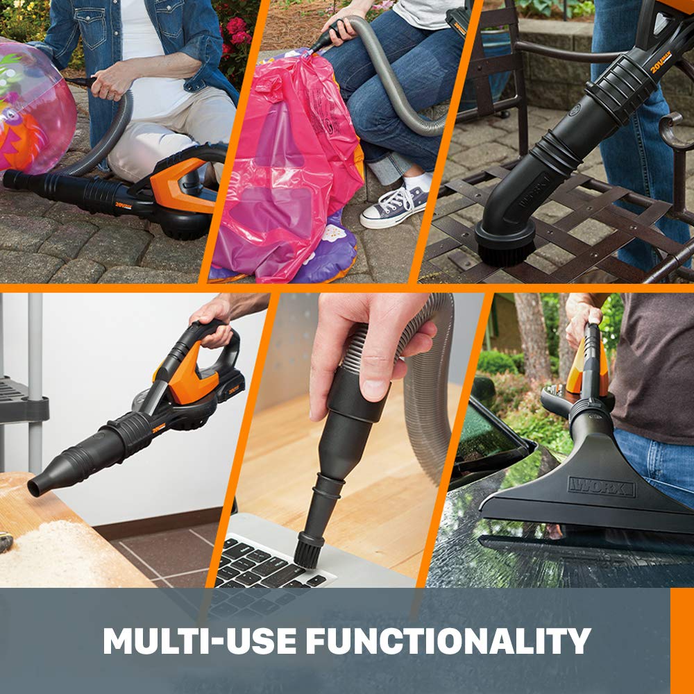 WORX long tube and wide nozzle reach tight spaces under appliances and between seats.