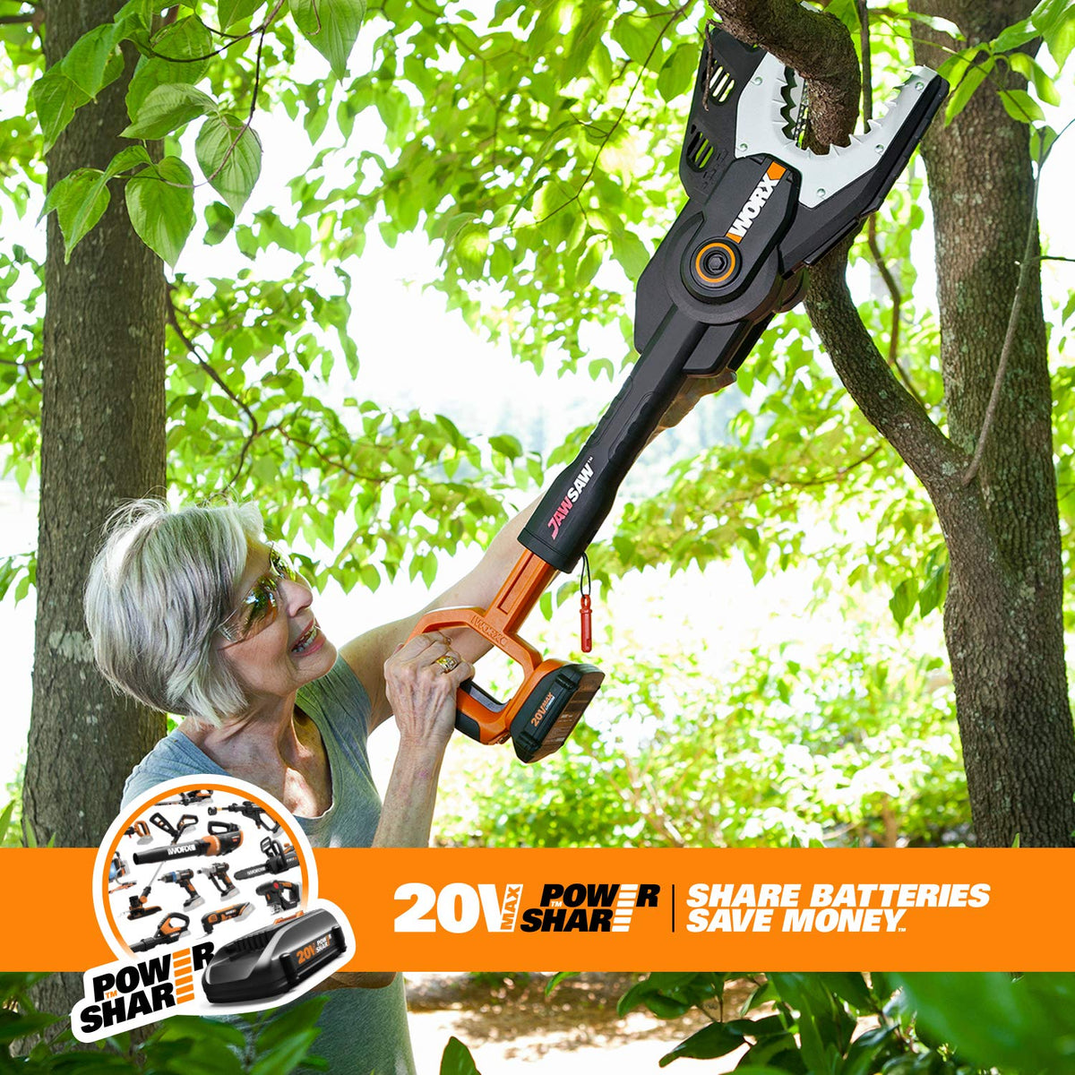 WORX pole attachment compatibility for ground-based limb trimming.