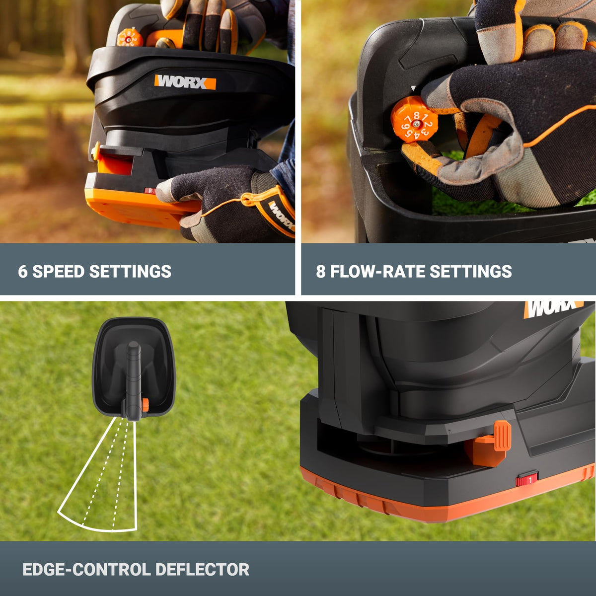 WORX seed spreader with 6-speed control for customized spreading pace
