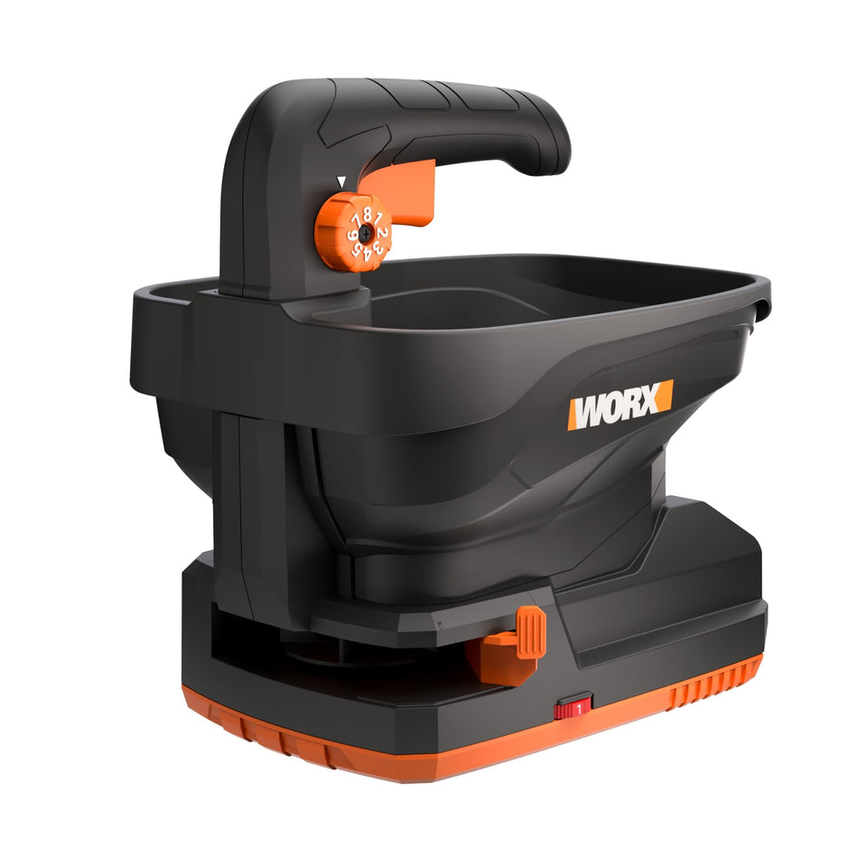 WORX 20V cordless seed spreader top view showing compact design for easy handling.