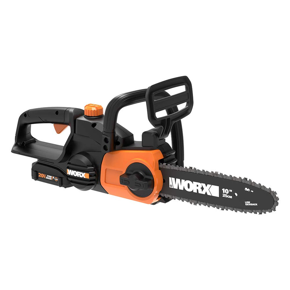 WORX WG322 cordless battery pack ready for portable pruning tasks.