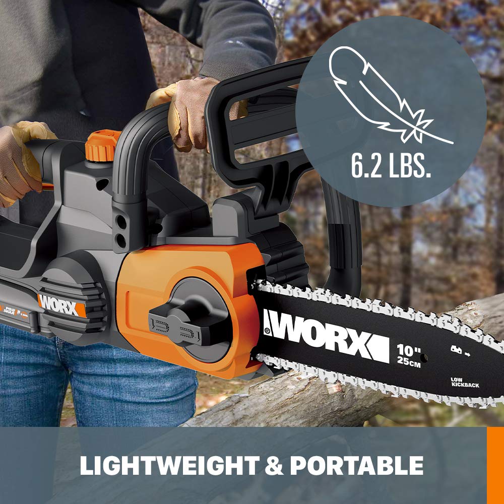 WORX WG322 fast chain speed tackling small to medium logs swiftly.