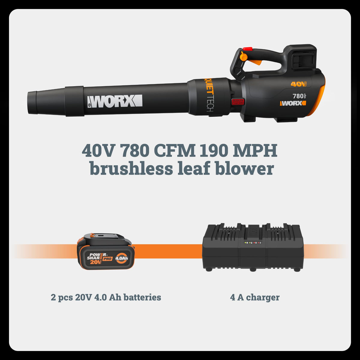 WORX WG582 operates at 57 dB for quieter yard work.