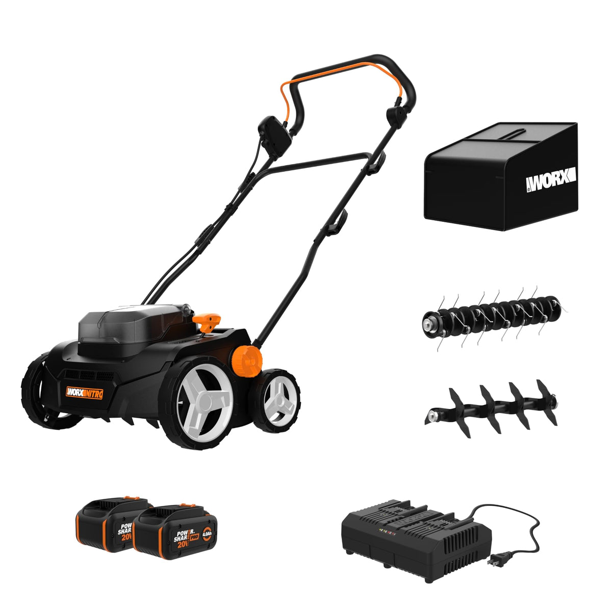 WORX WG855 dethatcher with 14-inch width for quick thatch removal across lawns.