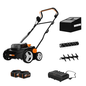 WORX WG855 dethatcher with 14-inch width for quick thatch removal across lawns.