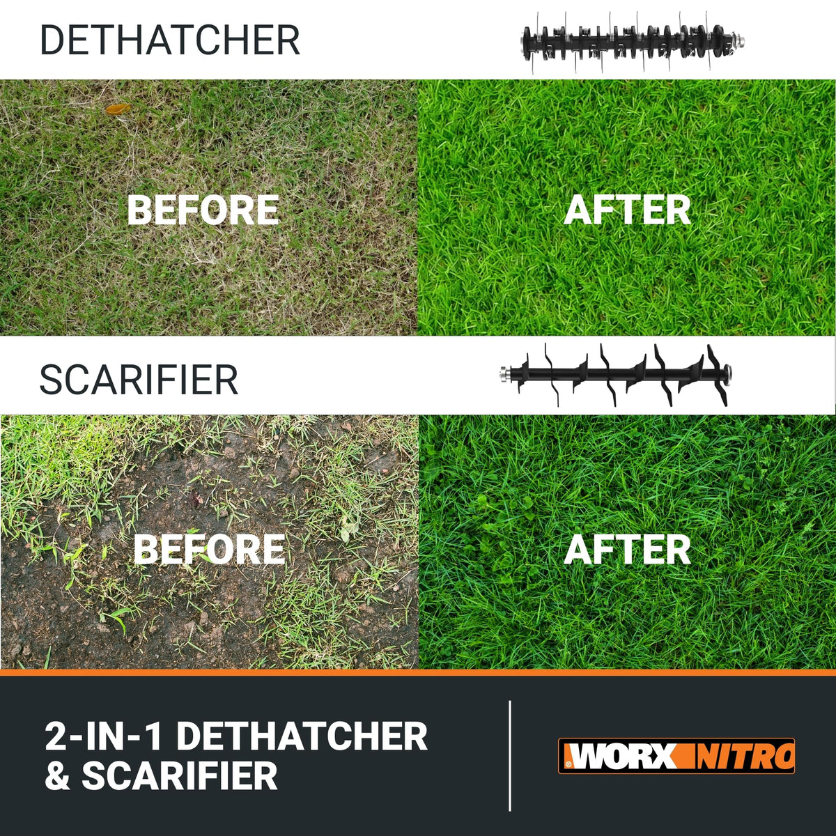 WORX WG855 dethatcher reel with 24 metal tines removes dense thatch effectively.