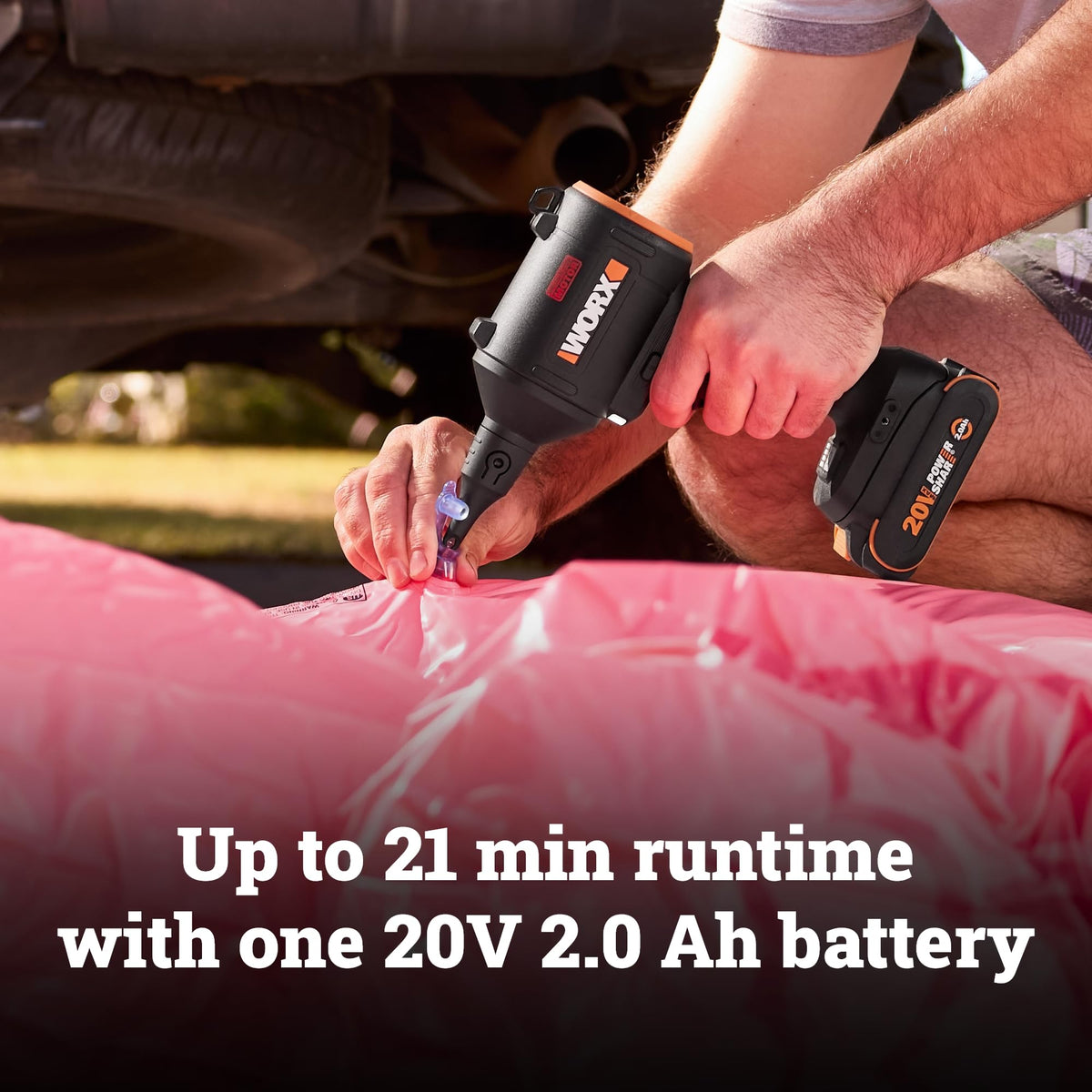 WORX WX099L 20V battery demonstrates portable power for quick cleaning