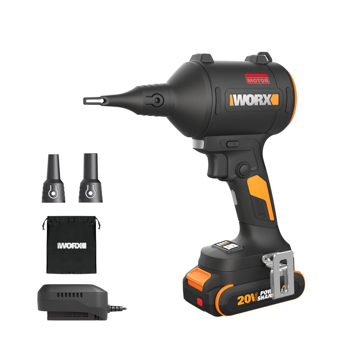 WORX WX099L blower front view showing compact handheld design for versatile tasks