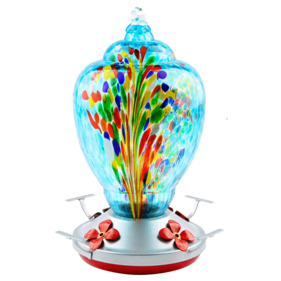WOSIBO hummingbird feeder in blue firework glass attracts birds to your patio