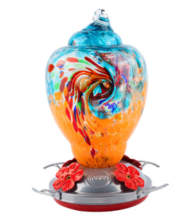 WOSIBO hummingbird feeder in blue-orange glass attracts vibrant visitors to your garden.