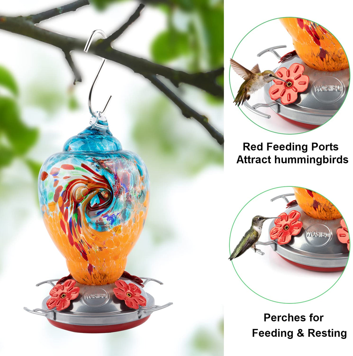 Colorful hand-blown glass close-up highlights durable, fade-resistant design.