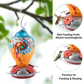 Colorful hand-blown glass close-up highlights durable, fade-resistant design.