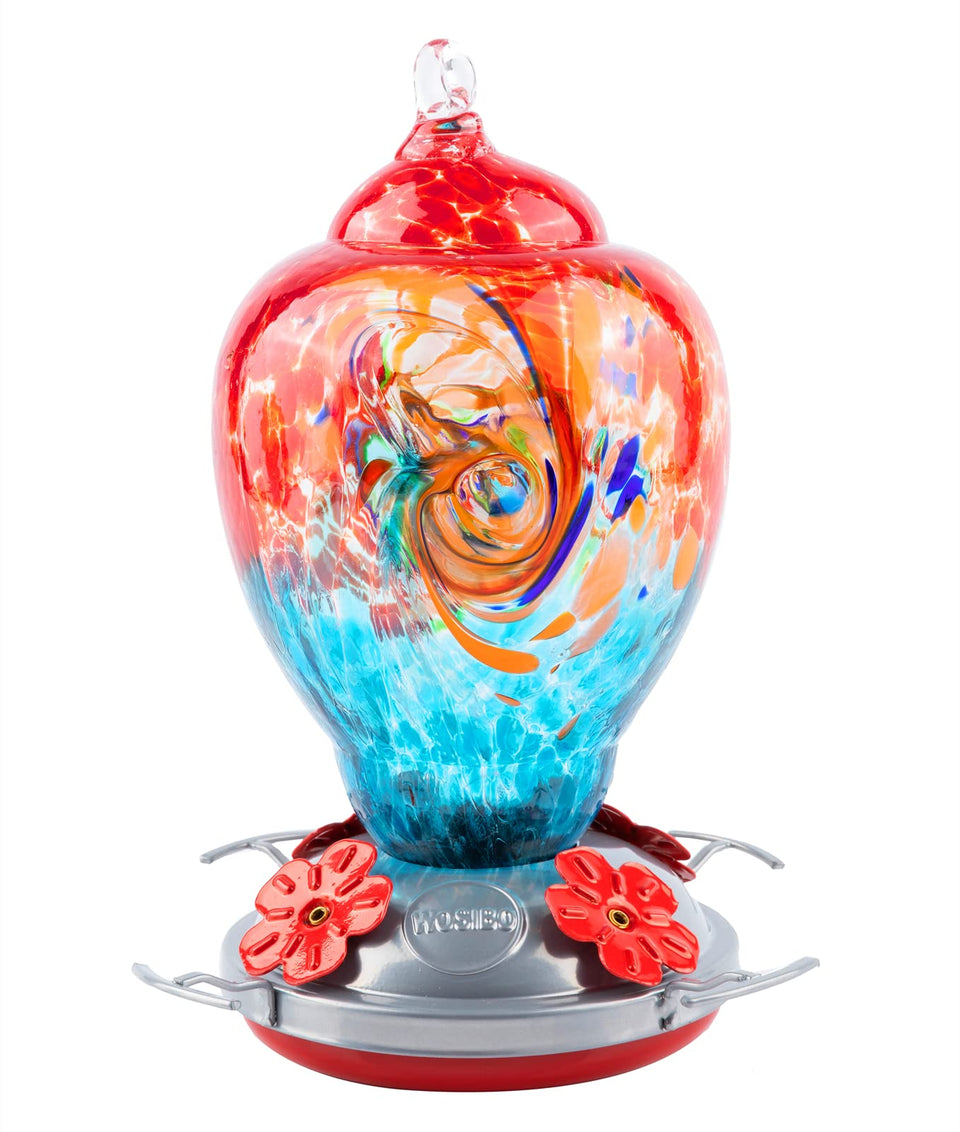 WOSIBO hummingbird feeder in hand-blown glass attracts birds with vibrant color