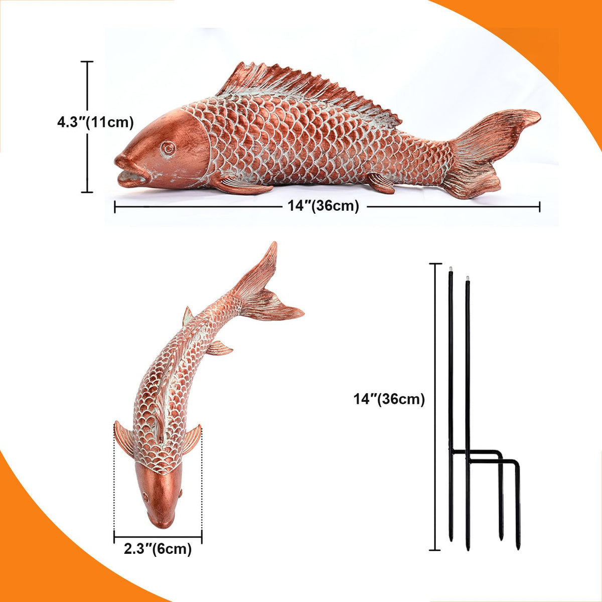Wosuine antique copper koi sculpture shown in side view for yard accents