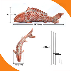 Wosuine antique copper koi sculpture shown in side view for yard accents