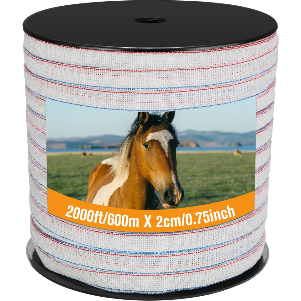 Wowangce electric fence tape three-quarter-inch 2000ft for reliable livestock containment with high visibility.