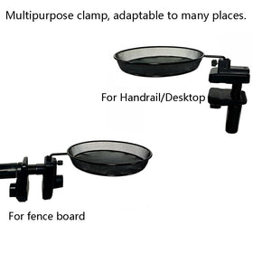 WOWARE clamp-mounted feeder shown on railing for flexible placement.