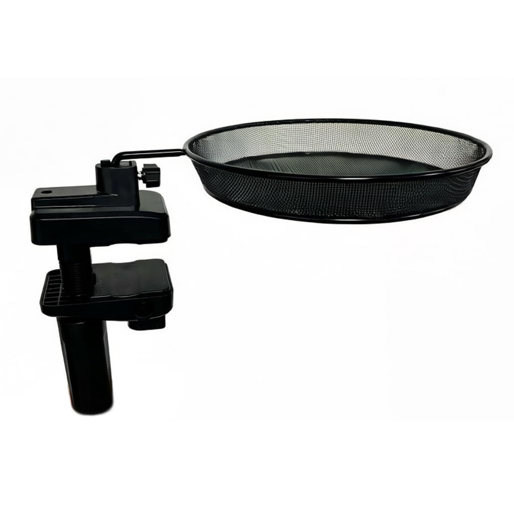 WOWARE railing bird feeder with 8-inch mesh tray for deck use.