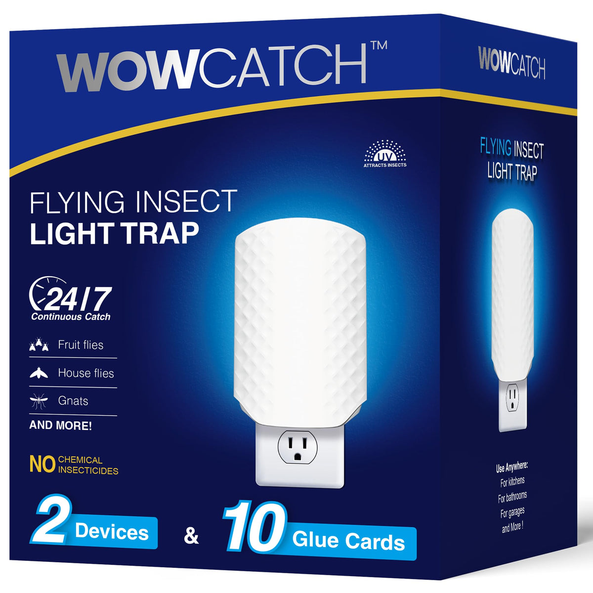 WowCatch plug-in fly trap shown in indoor setup for discreet pest control.