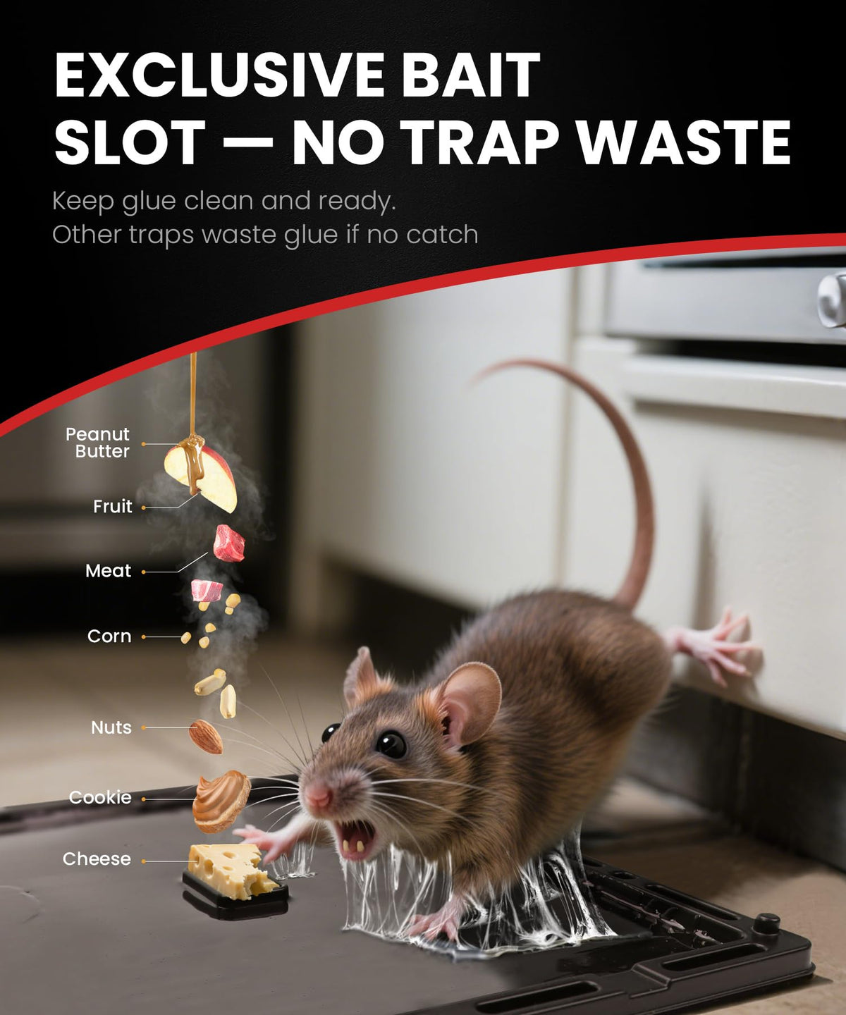 WowCatch pre-baited sticky trap in kitchen corner catches mice effectively.