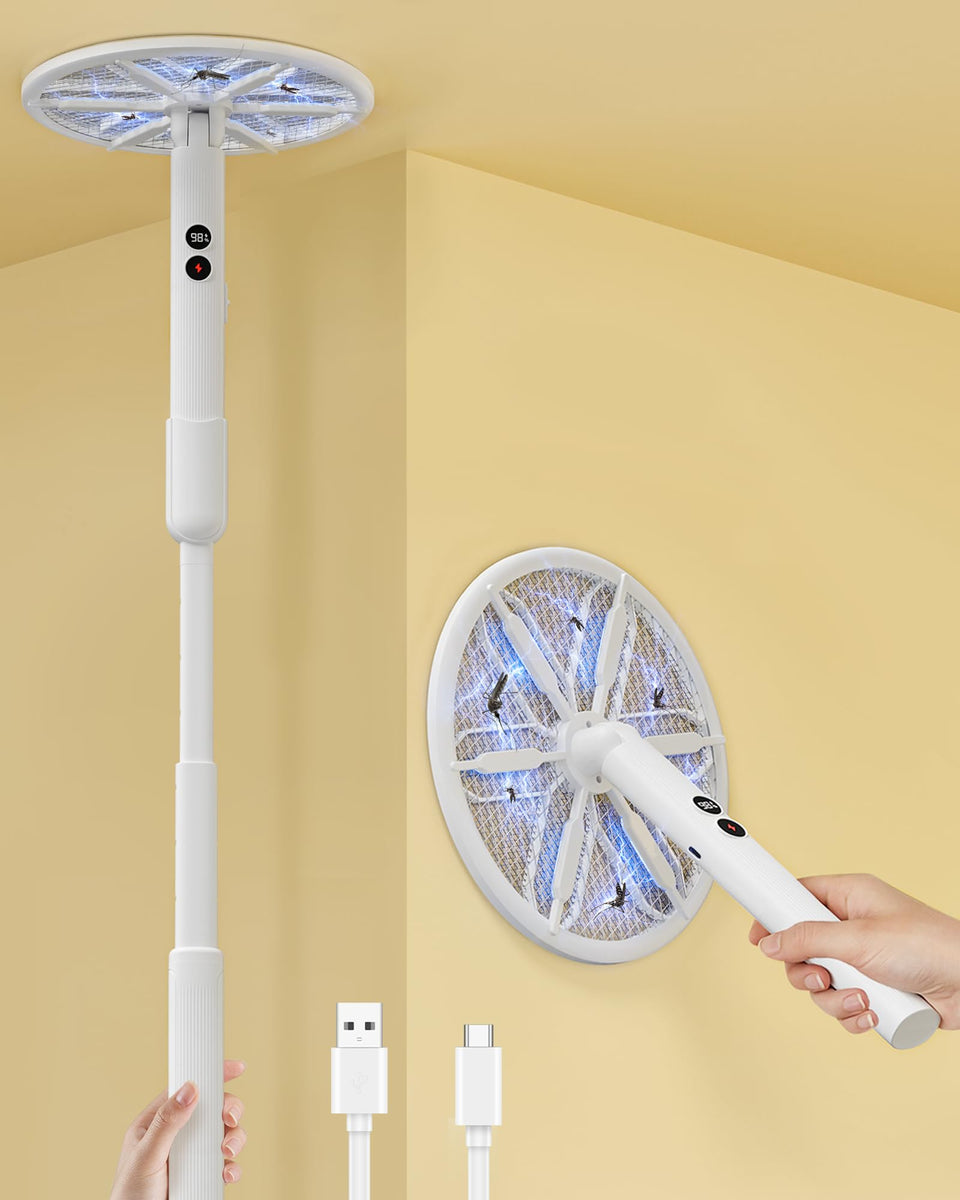 WowCatch rotating-head zapper in action targeting ceiling pests with versatile reach