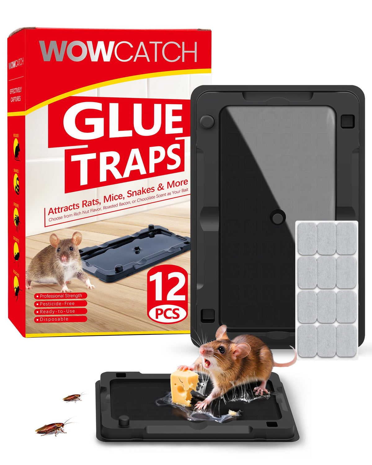 WowCatch sticky traps indoor packaging shows a 12 pack for quick pest setup.