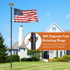 Wphold flag pole base with prongs for stable ground mounting.