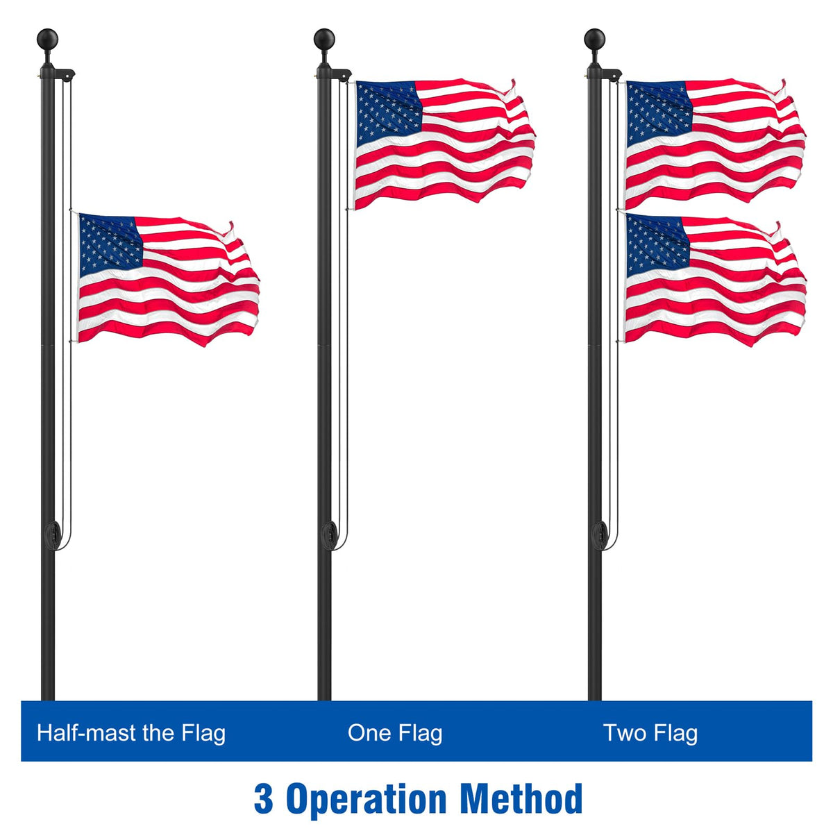 Wphold rust-proof metal flag pole suitable for year-round use.