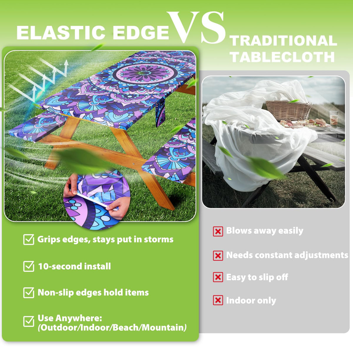 Wrakus elastic edge fit securing the cover against wind on a table
