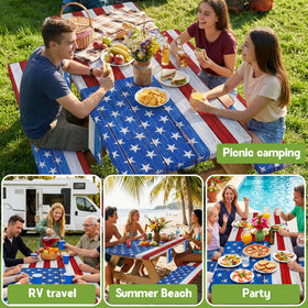 Wrakus outdoor dining setup featuring American flag theme for camping trips.