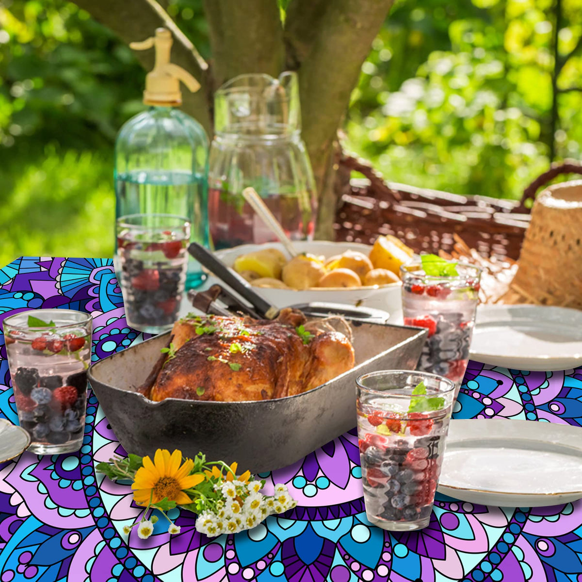 Wrakus outdoor picnic setup showing coordinated table and bench covers