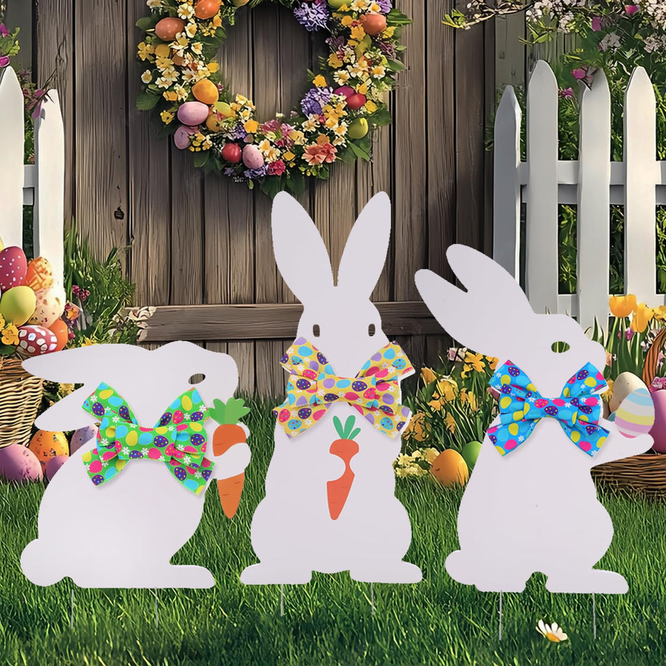 WruFiz Easter bunny yard sign with bow adds charming curb appeal outdoors.