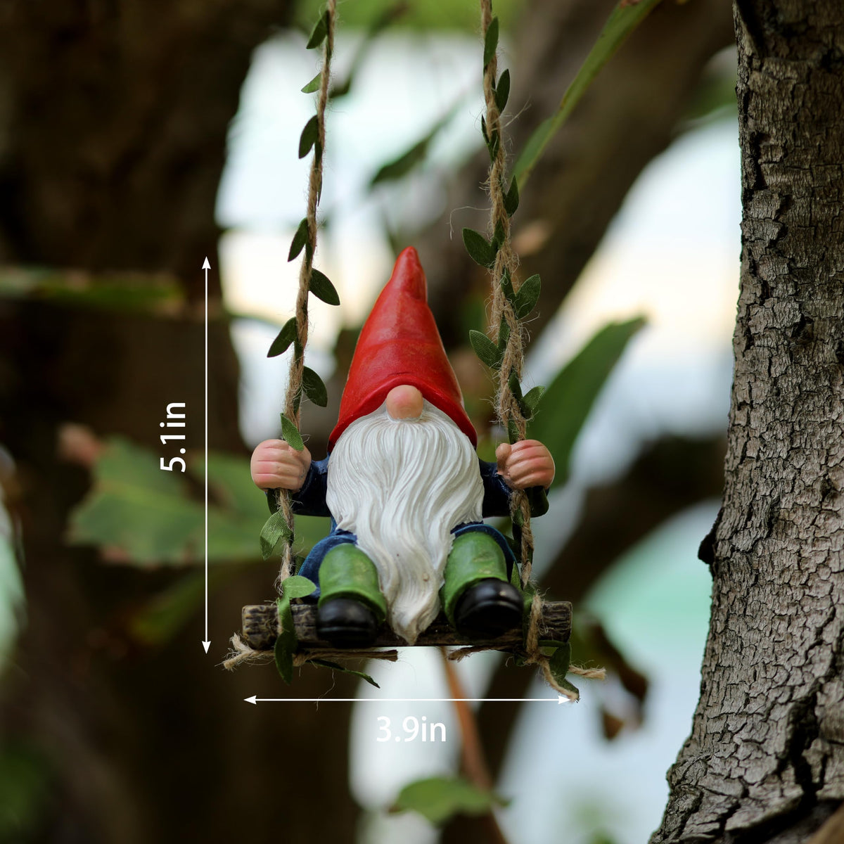 WSHMZYHOME gnome on swing close-up highlights handcrafted details.