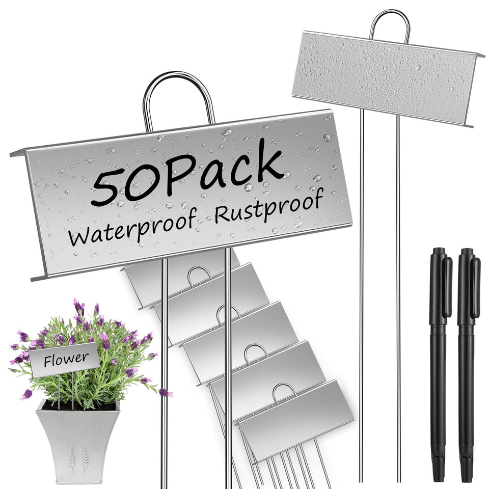 WSICSE 50-pack metal plant labels in garden use, durable and reusable.