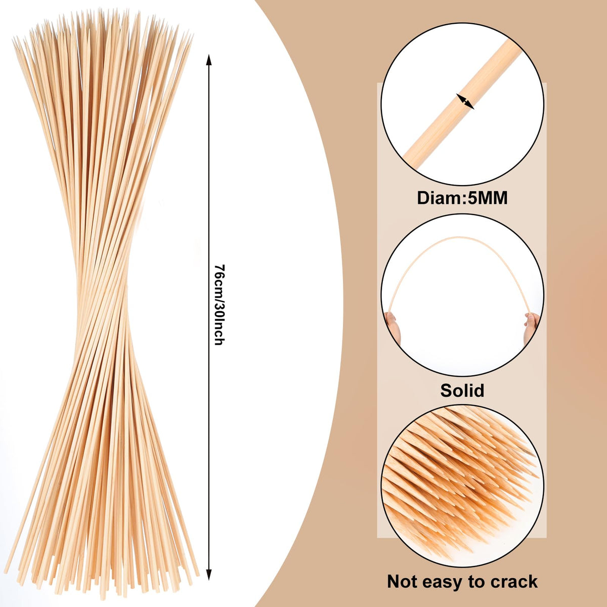 WSICSE bamboo skewers, 5mm thick, sturdy for marshmallows and kebabs