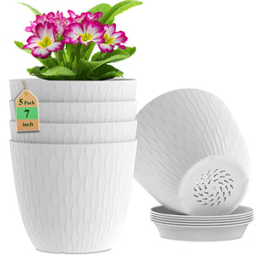WSMKSZ 7-inch white ripple plant pot with drainage holes for indoor succulents and herbs.