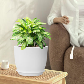 WSMKSZ 9-inch white plant pot with drainage holes and tray for outdoor use.