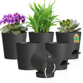 WSMKSZ 4-inch self-watering pot showing root-friendly design and black finish