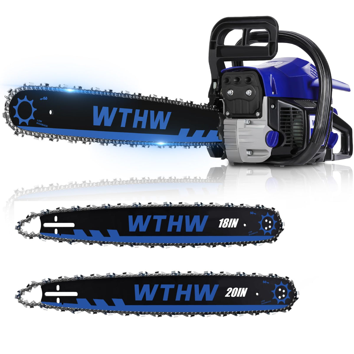 WTHW 58cc chainsaw blue body designed for reliable outdoor cutting.